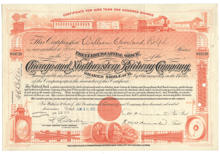 Vintage stock certificate for the Chicago and Northwestern Railway Company.
