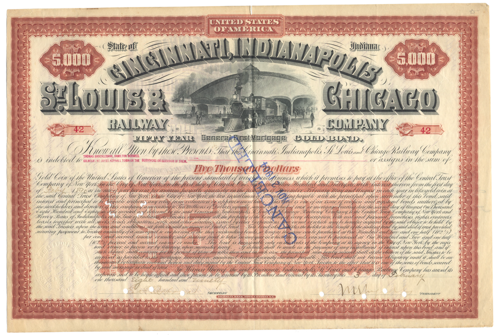 Cincinnati, Indianapolis, St. Louis and Chicago Railway Company Bond Certificate