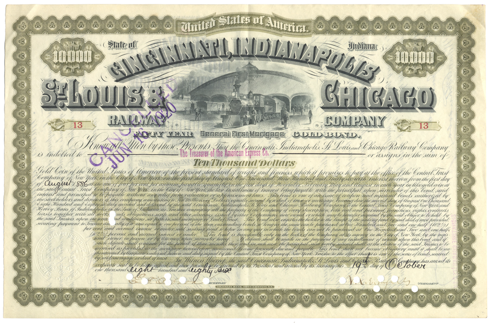 Cincinnati, Indianapolis, St. Louis and Chicago Railway Company Bond Certificate