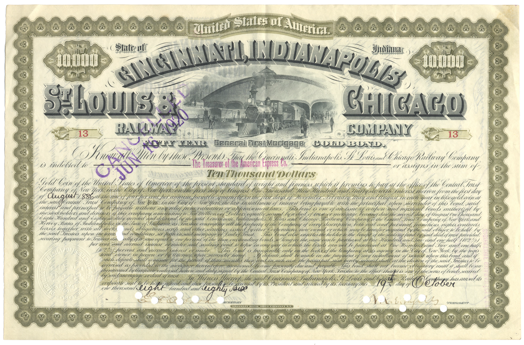 Cincinnati, Indianapolis, St. Louis and Chicago Railway Company Bond Certificate