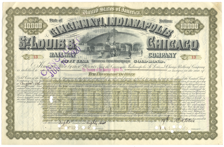 Cincinnati, Indianapolis, St. Louis and Chicago Railway Company Bond Certificate