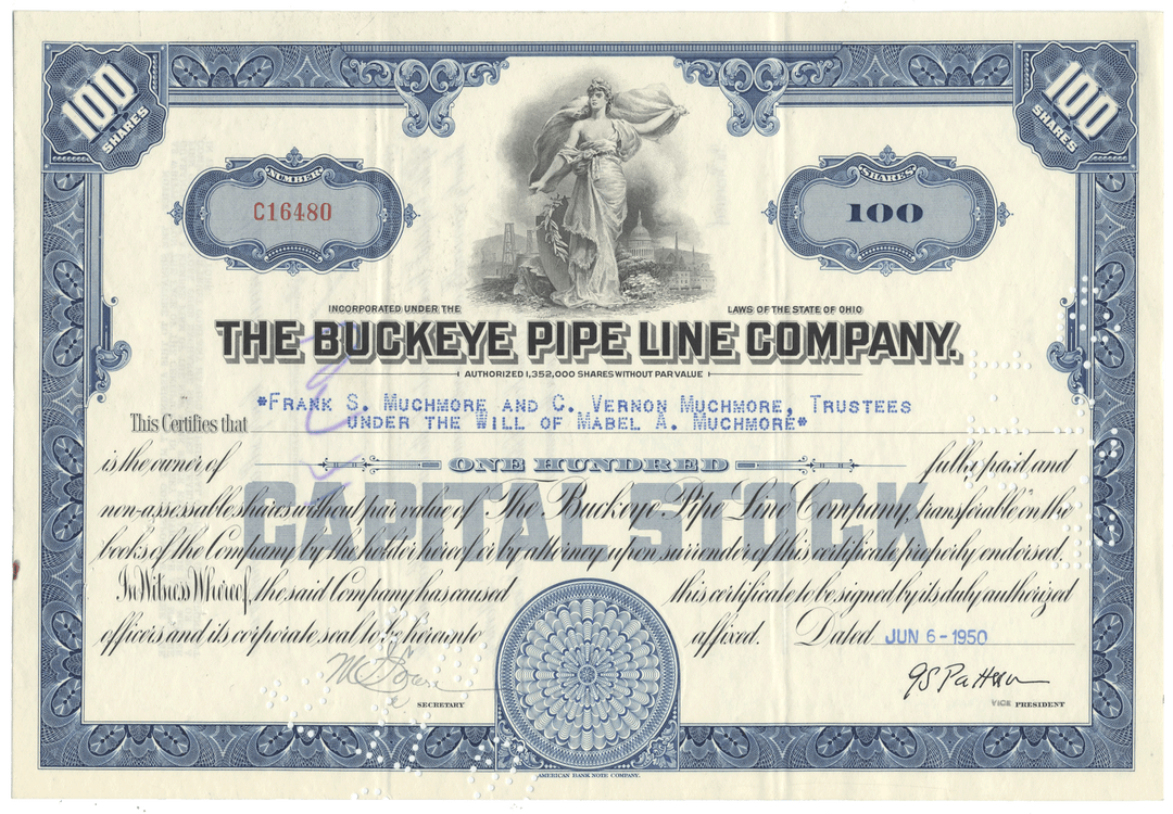 Vintage stock certificate of The Buckeye Pipe Line Company with blue and white design.
