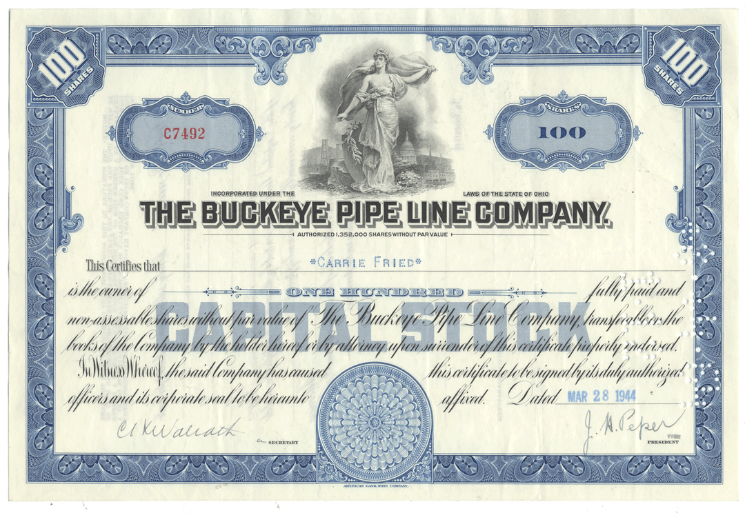 Stock certificate of The Buckeye Pipe Line Company with blue and white design.