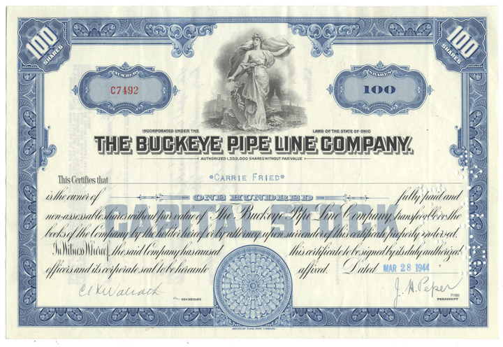 Stock certificate of The Buckeye Pipe Line Company with blue and white design.