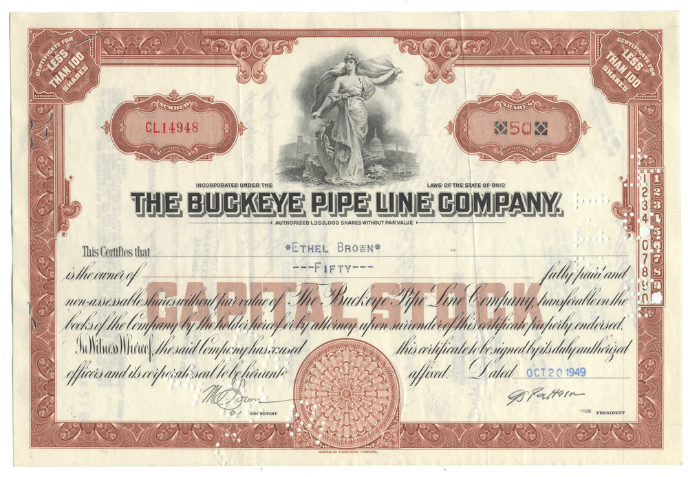 Vintage stock certificate of the Buckeye Pipe Line Company with decorative elements and a statue illustration.