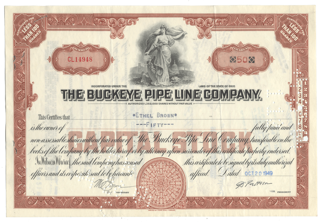 Vintage stock certificate of the Buckeye Pipe Line Company with decorative elements and a statue illustration.