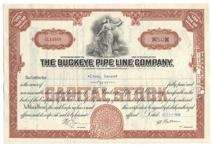 Vintage stock certificate of the Buckeye Pipe Line Company with decorative elements and a statue illustration.