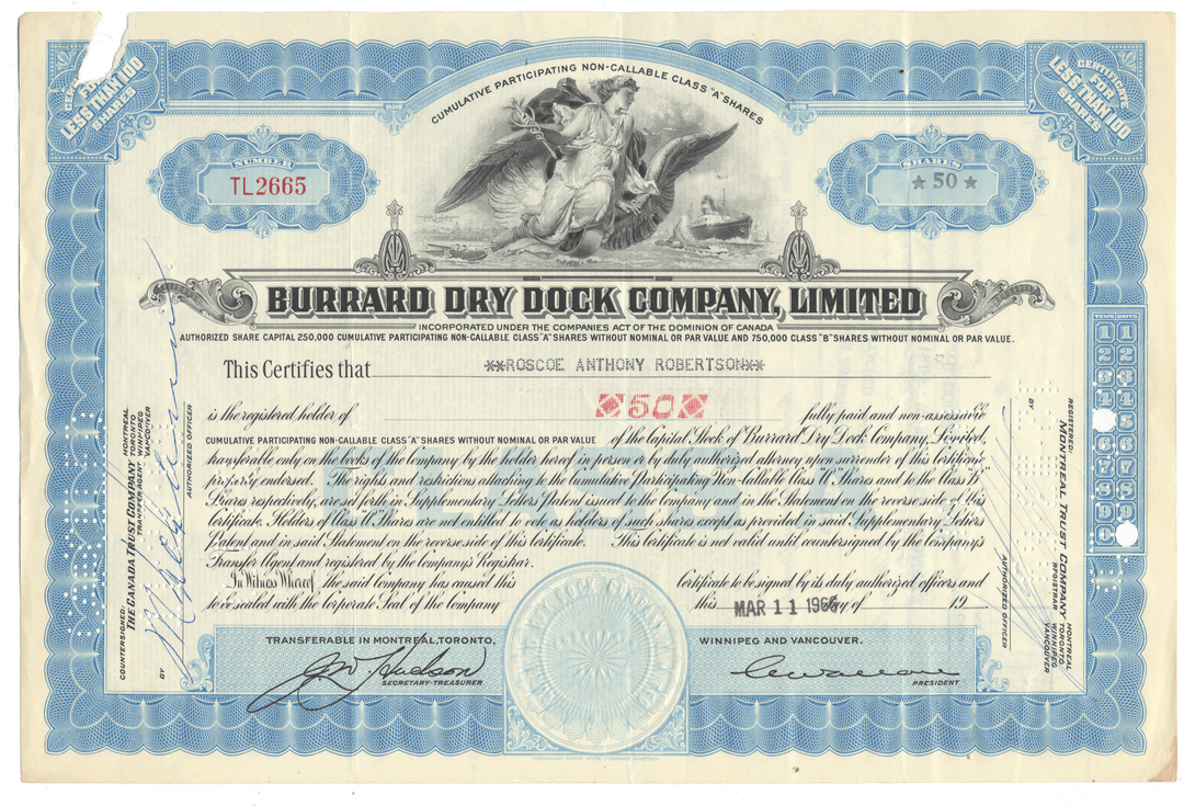 A vintage Burraád Dry Dock Company, Limited stock certificate dated 1966