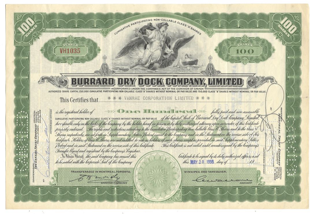 Burrard Dry Dock Company Limited stock certificate with green and white design from 1965