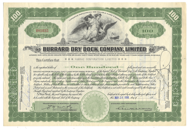 Burrard Dry Dock Company Limited stock certificate with green and white design from 1965