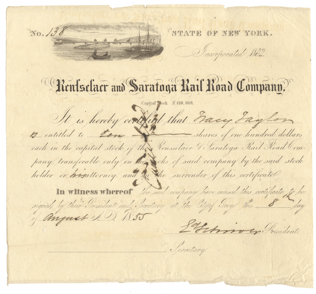 Rensselaer and Saratoga Rail Road Company stock certificate from 1855