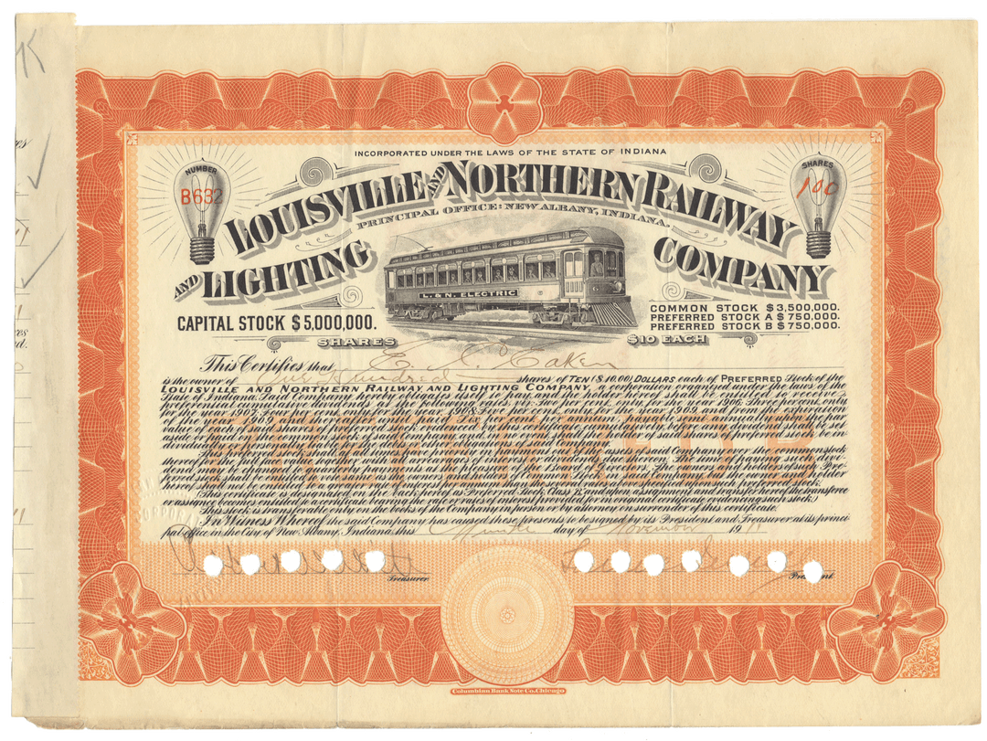 Louisville and Northern Railway and Lighting Company  Stock Certificate Signed by Samuel Insull