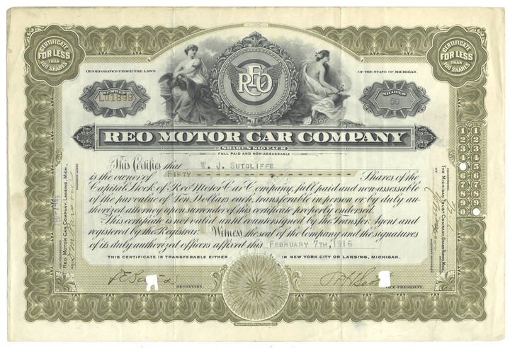 Reo Motor Car Company stock certificate with detailed design and text dated 1916