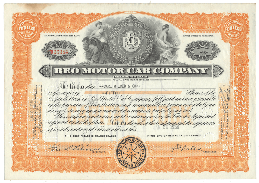 Reo Motor Car Company stock certificate with decorative elements dated 1938