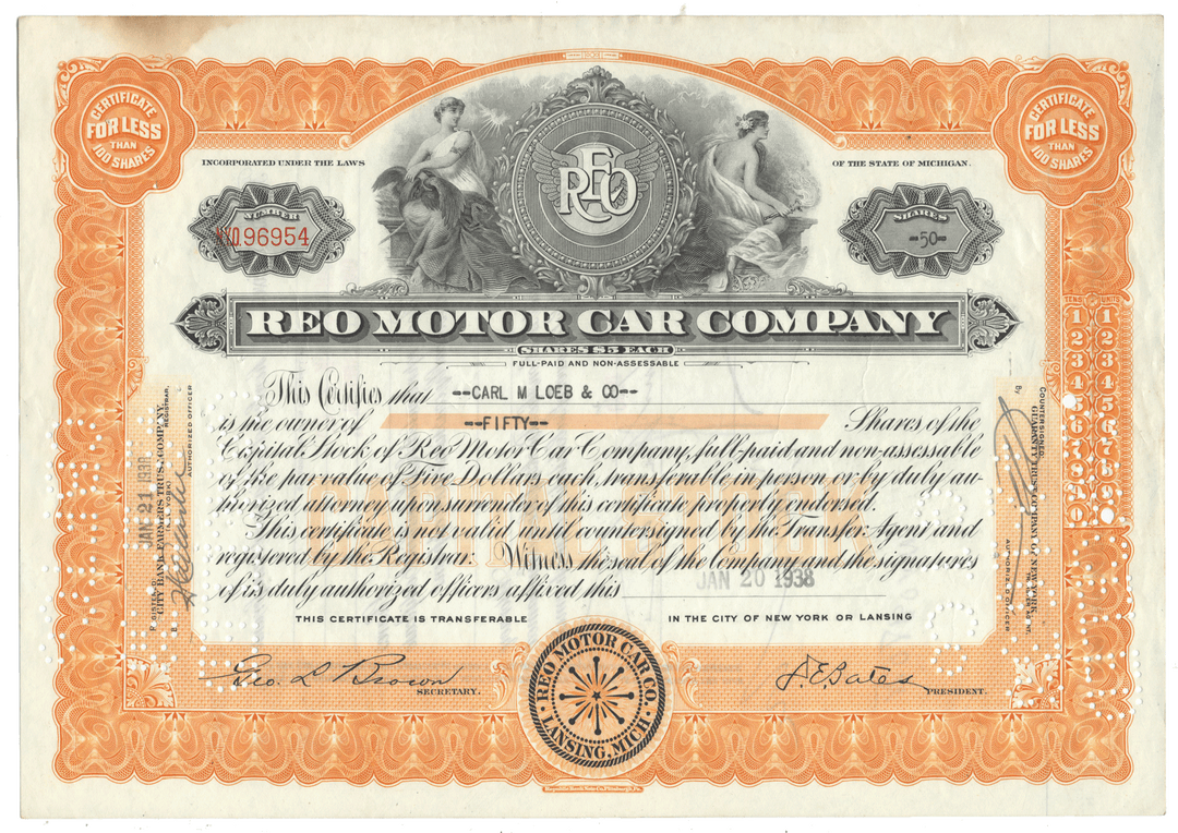 Reo Motor Car Company stock certificate with decorative elements dated 1938