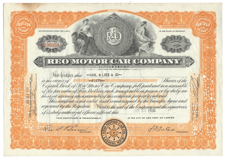 Reo Motor Car Company stock certificate with decorative elements dated 1938