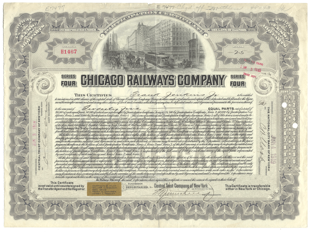 Historical stock certificate of the Chicago Railways Company with a scenic illustration of a city street and trains.