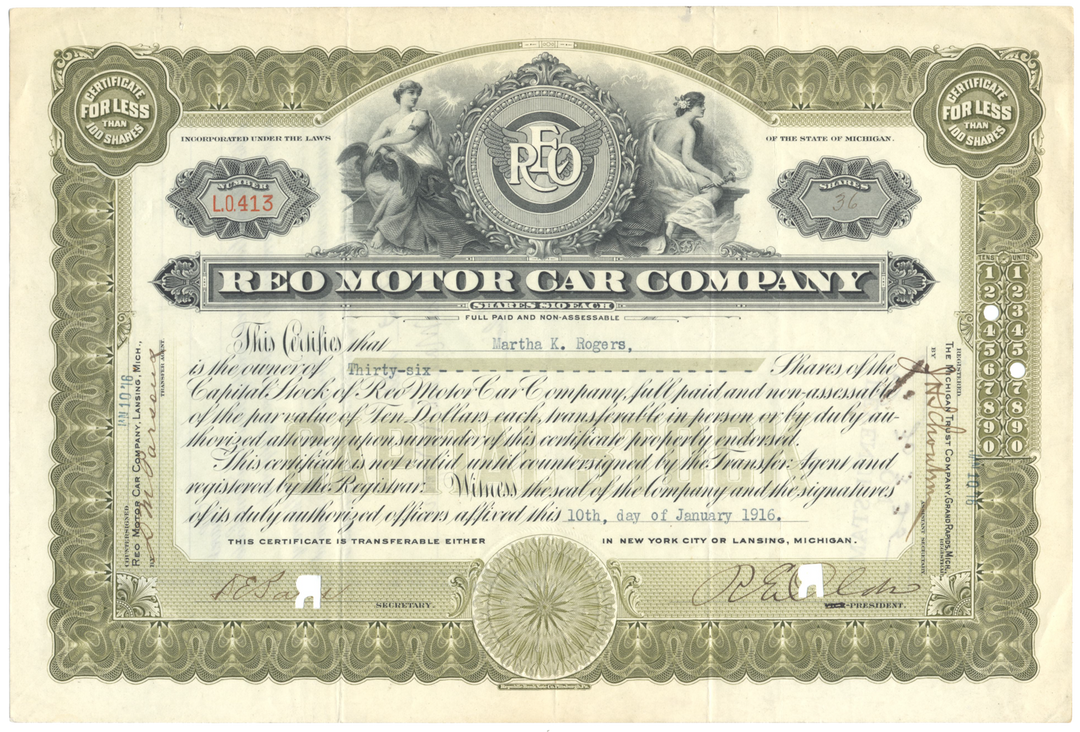 Reo Motor Car Company Stock Certificate