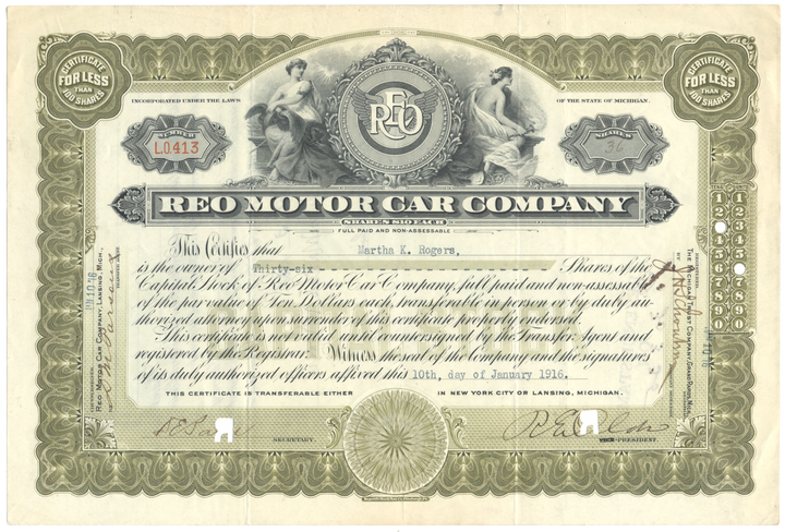 Reo Motor Car Company Stock Certificate