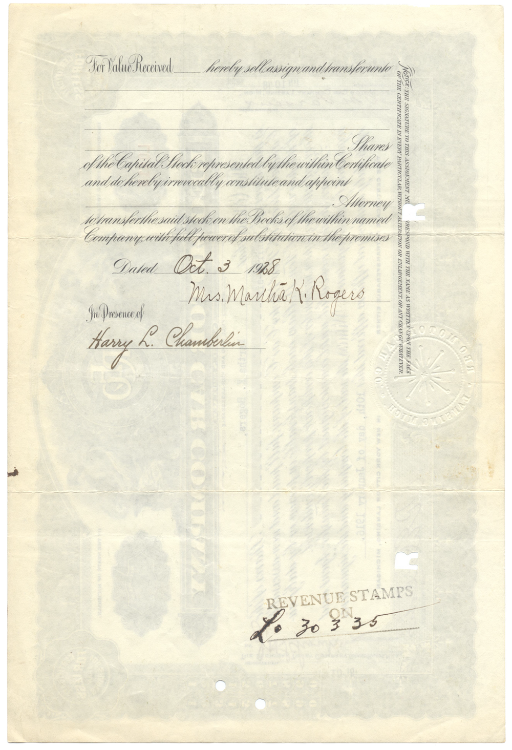 Reo Motor Car Company Stock Certificate