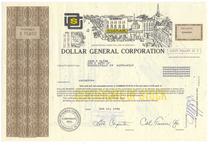 Dollar General Corporation Stock Certificate