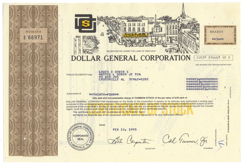 Dollar General Corporation Stock Certificate