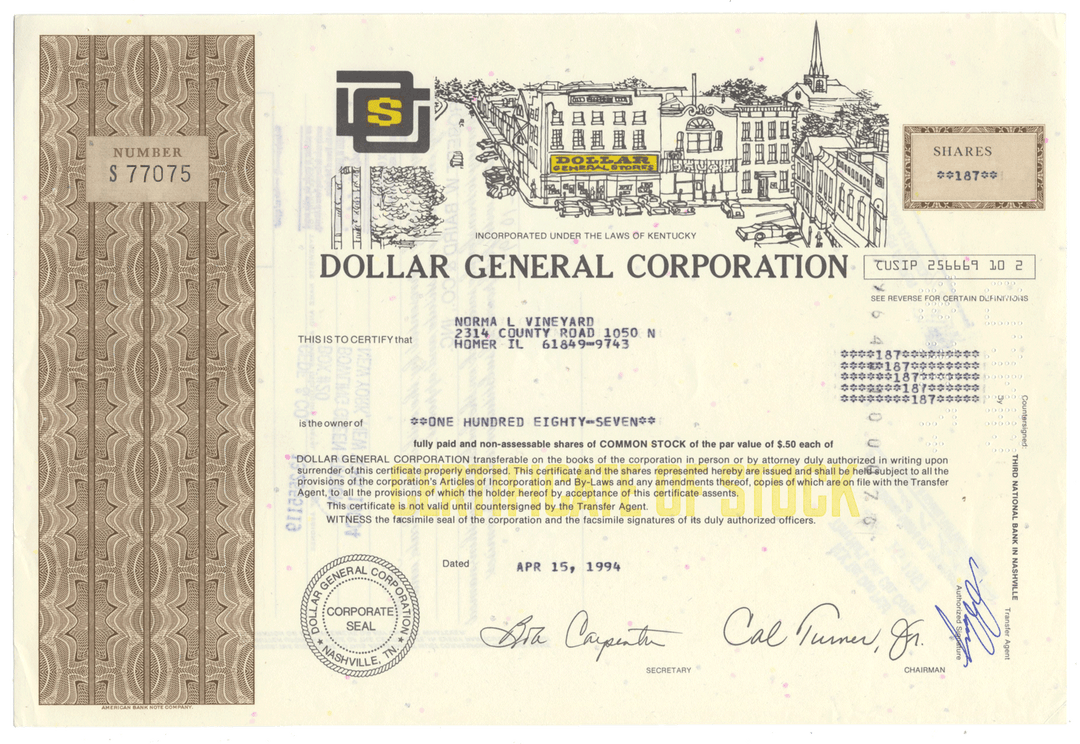 Dollar General Corporation Stock Certificate