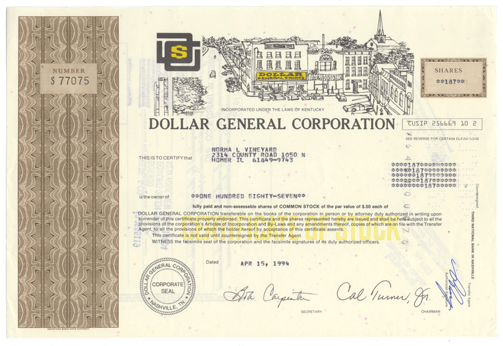 Dollar General Corporation Stock Certificate