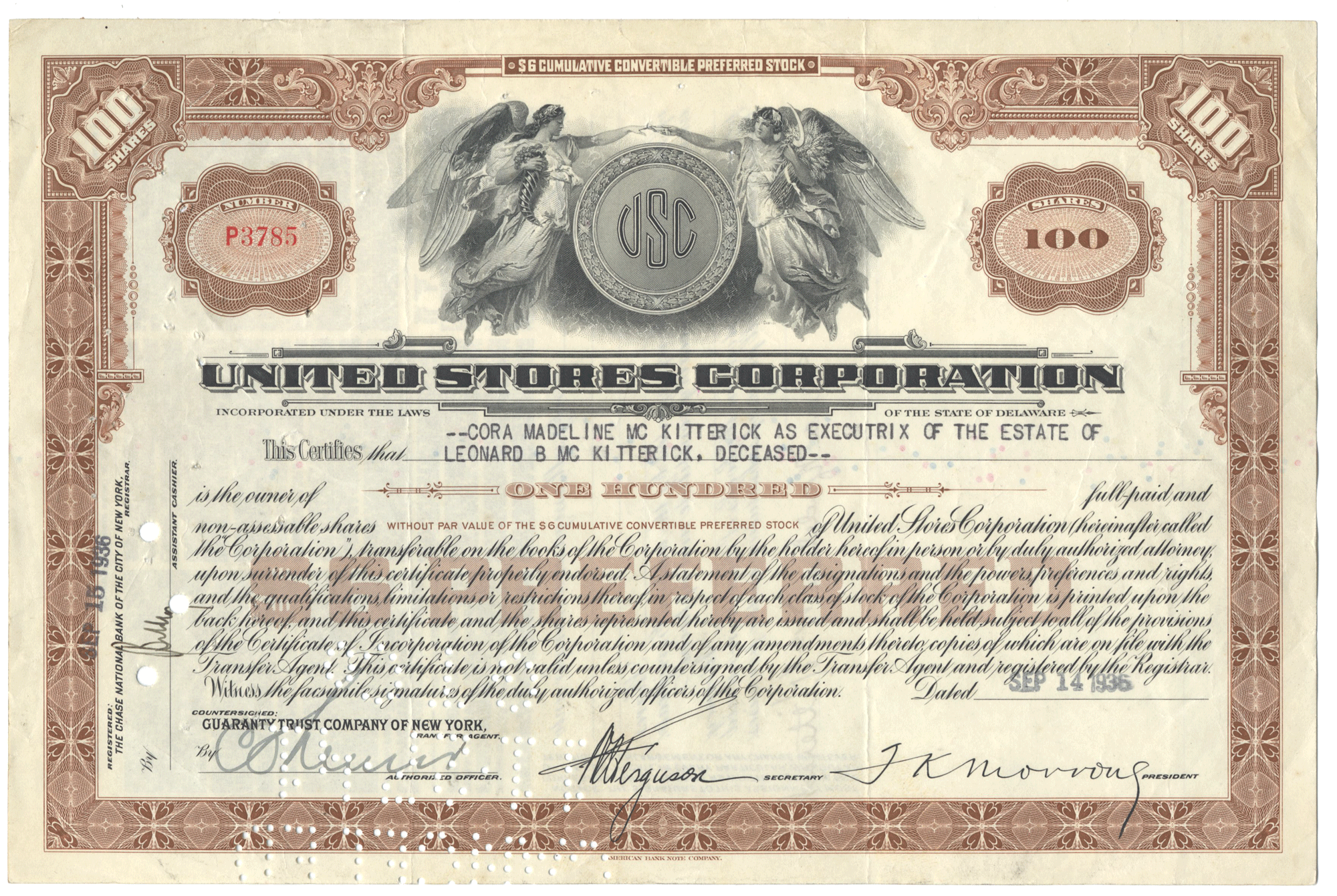 United Stores Corporation stock certificate with detailed text and design elements.