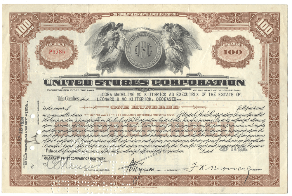 United Stores Corporation stock certificate with detailed text and design elements.