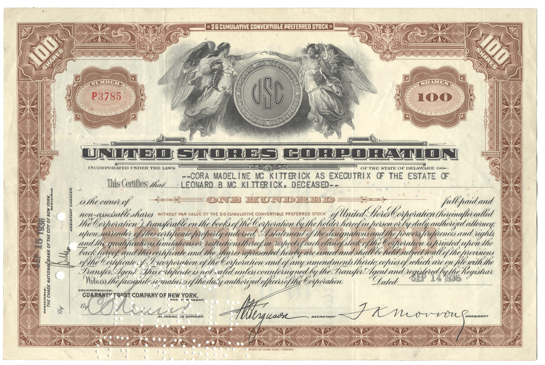 United Stores Corporation stock certificate with detailed text and design elements.