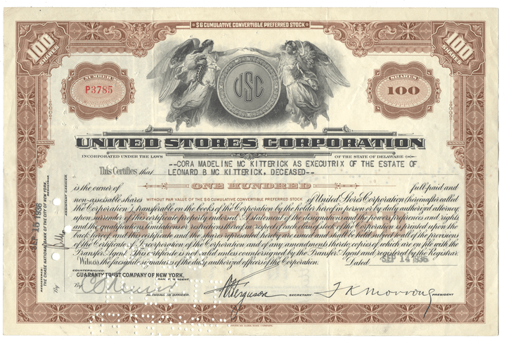 United Stores Corporation stock certificate with detailed text and design elements.