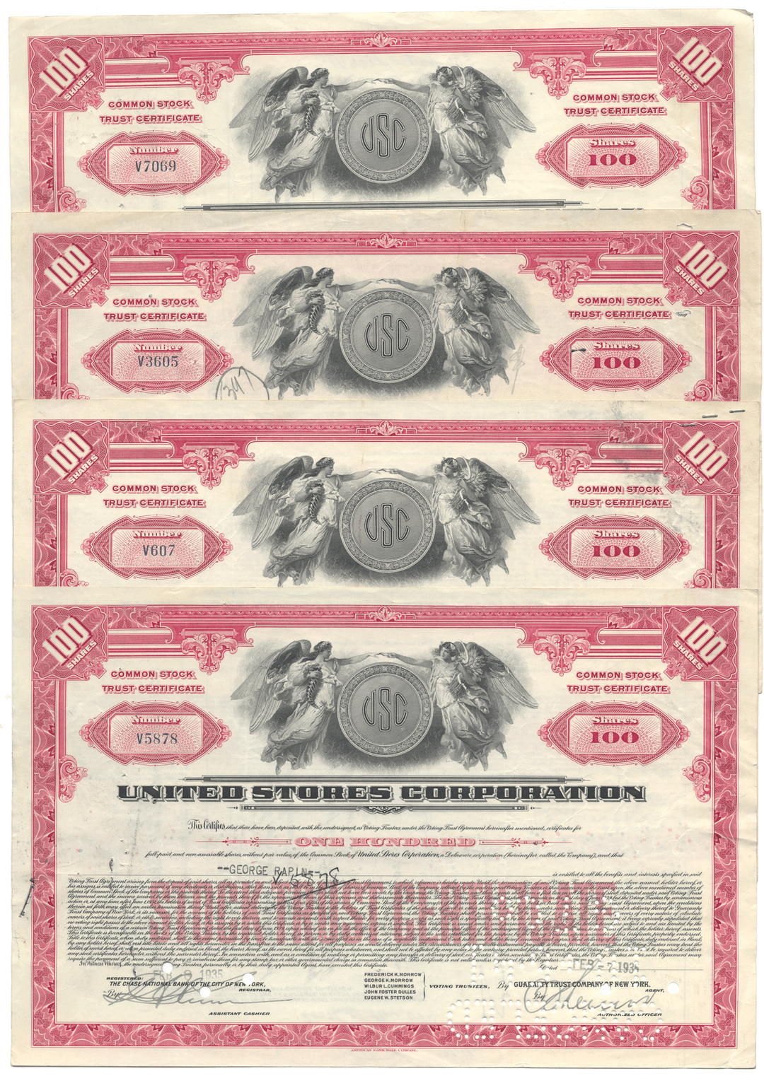 Stock trust certificates from the United States Corporation with red and black design.