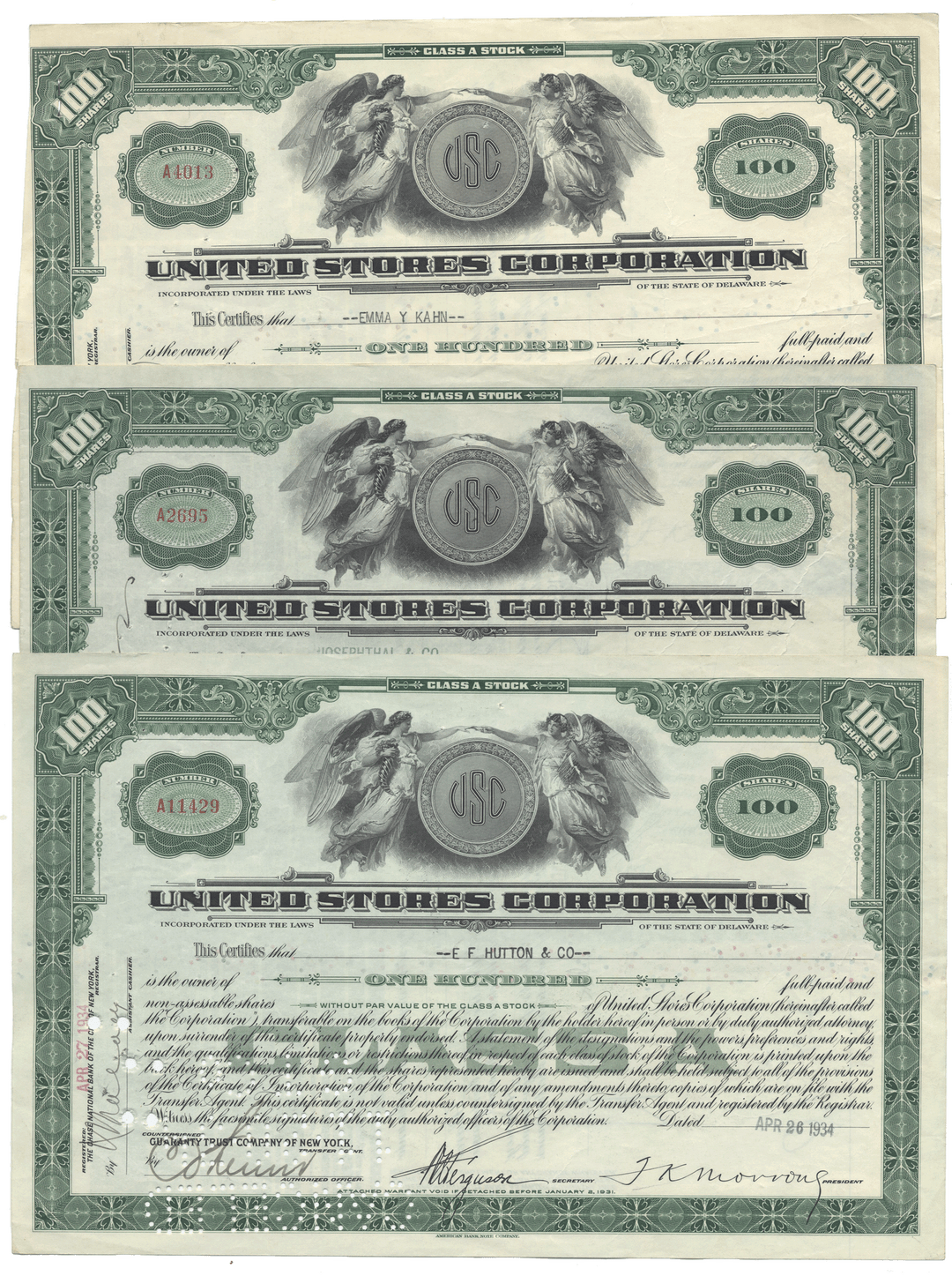 United Stores Corporation stock certificates from the 1930's