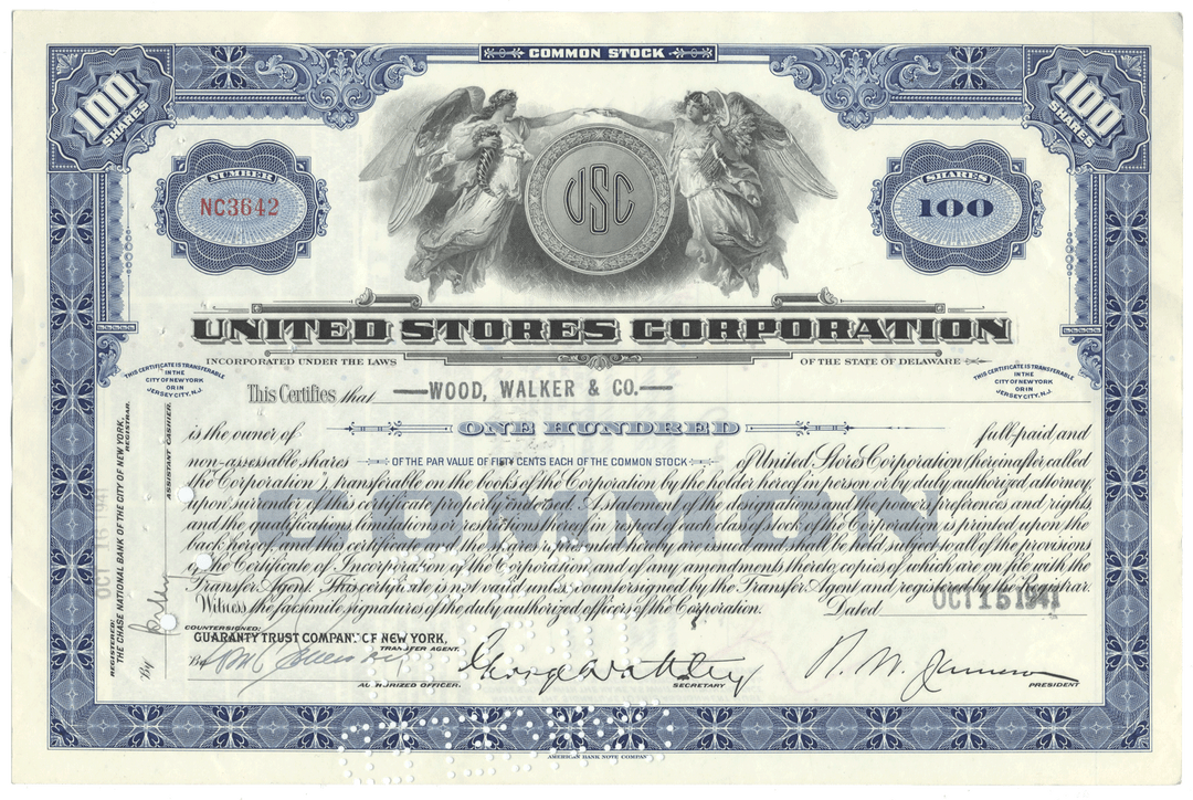 United States Corporation stock certificate with detailed design and text.