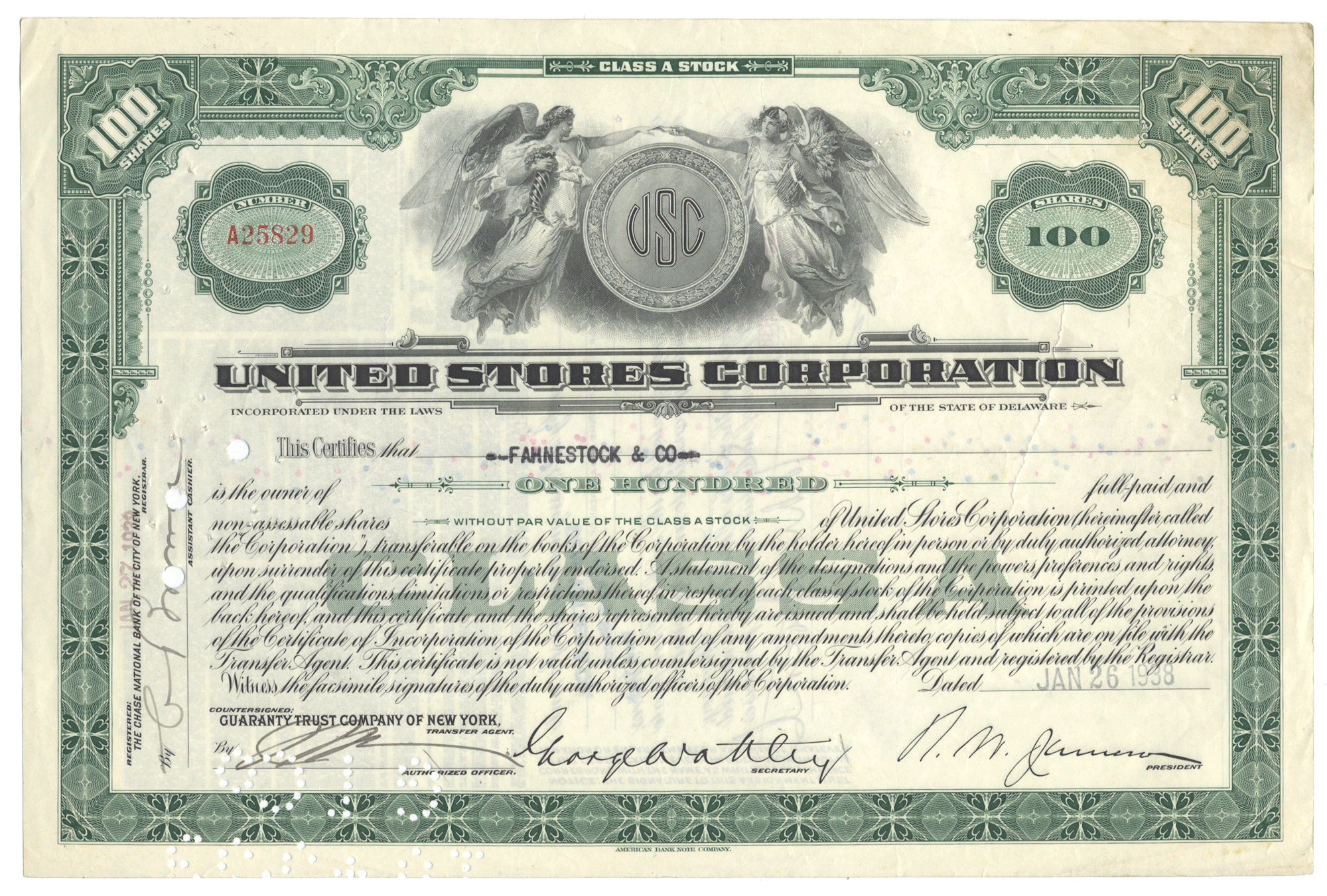 United Stores Corporation stock certificate with detailed text and decorative elements.