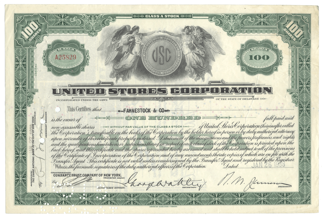 United Stores Corporation stock certificate with detailed text and decorative elements.