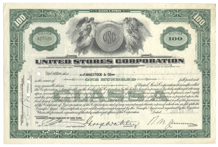 United Stores Corporation stock certificate with detailed text and decorative elements.