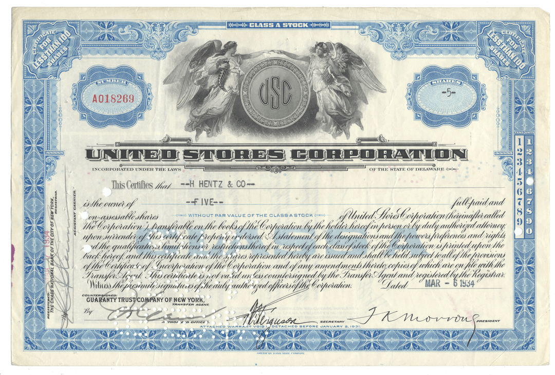 United Stores Corporation stock certificate with blue and white design