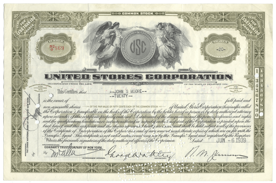 United Stores Corporation stock certificate from 1939 with decorative elements