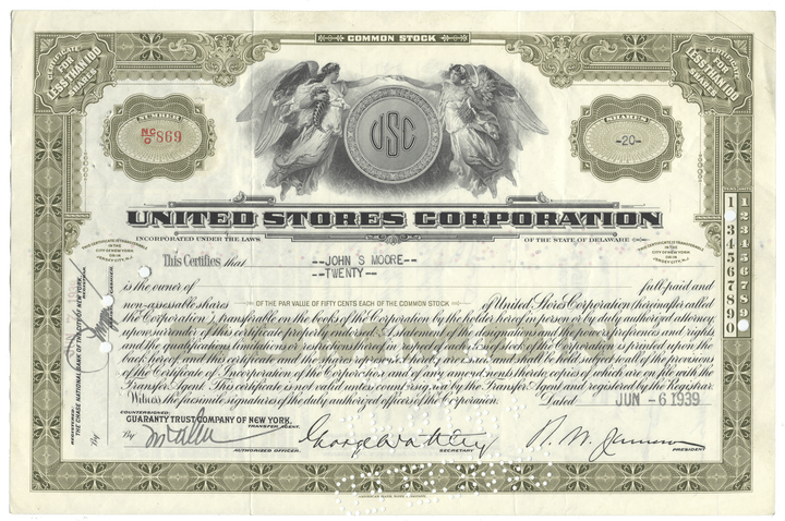 United Stores Corporation stock certificate from 1939 with decorative elements