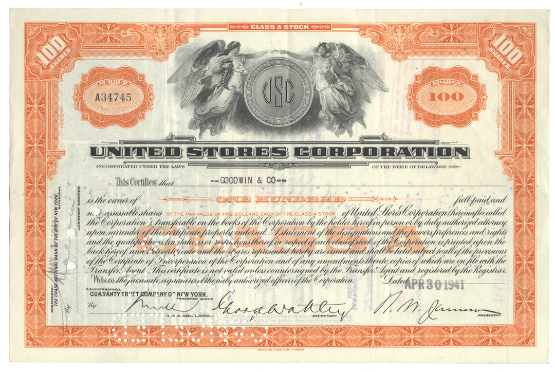 United Stores Corporation stock certificate with detailed design and text.