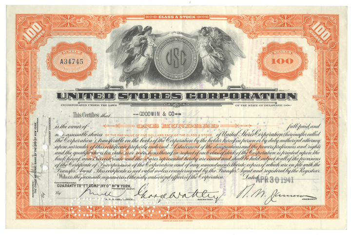 United Stores Corporation stock certificate with detailed design and text.