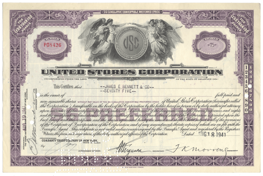 United Stores Corporation stock certificate from 1941 with decorative elements and text.