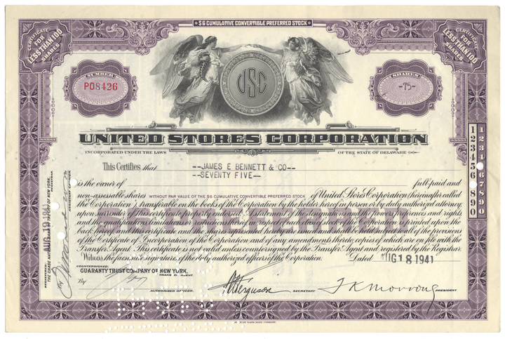 United Stores Corporation stock certificate from 1941 with decorative elements and text.