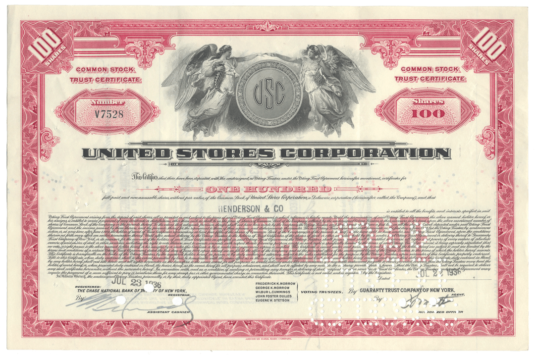 United Stores Corporation stock trust certificate with red and white design