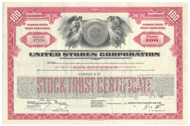 United Stores Corporation stock trust certificate with red and white design
