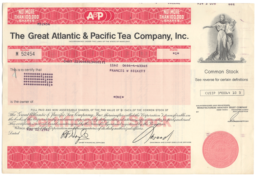 Great Atlantic & Pacific Tea Company, Inc. Stock Certificate