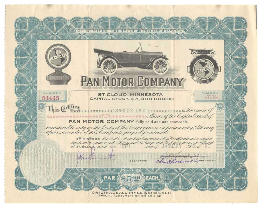 Pan Motor Company Stock Certificate Signed by Samuel Pandolfo