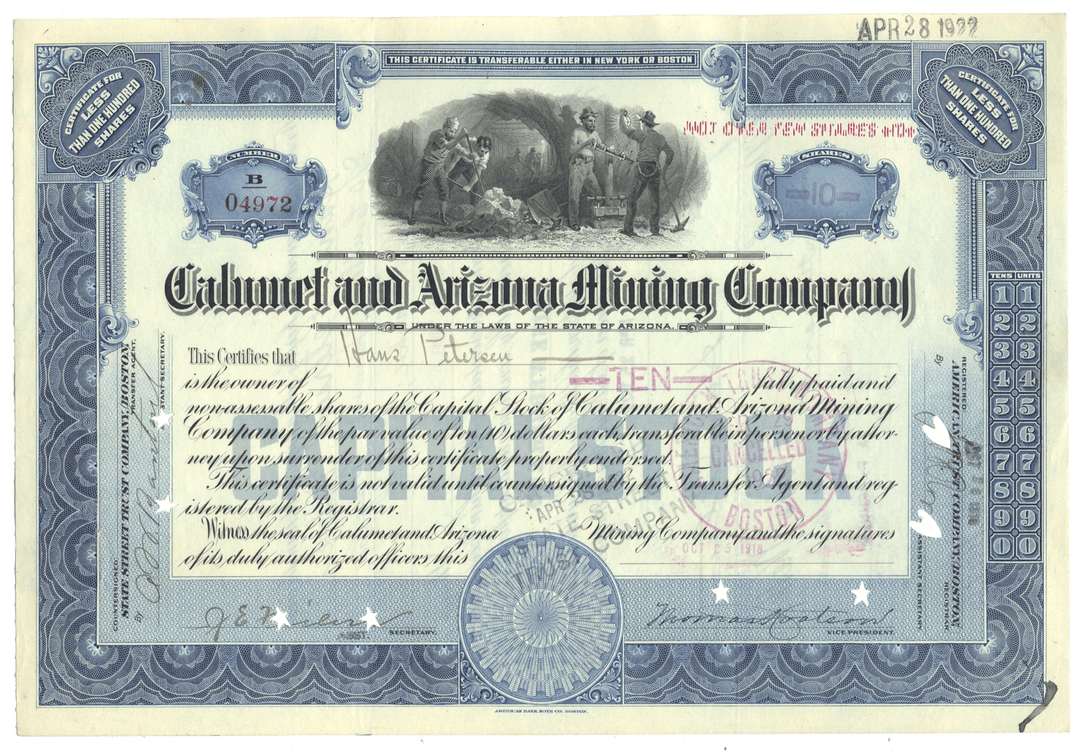 Vintage stock certificate for Calumet and Arizona Mining Company with decorative elements from 1918